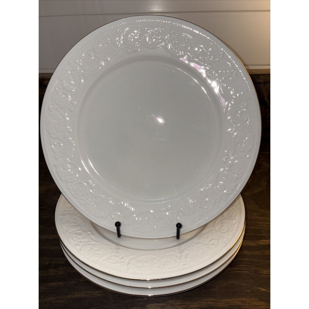 4-Farberware Calais 4173 Dinner Plate 10.5" Scroll White w/ Gold Trim
